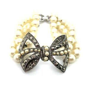 VTG Estate‎ Richelieu Marcasite & Triple Strand Faux Pearl 7 ½" Bracelet! 5